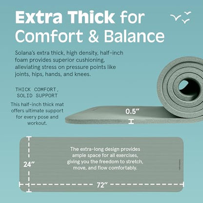 Retrospec Solana Yoga Mat Thick 1/2in Non-Slip Workout Mat with Nylon Strap - 72x24in Exercise Mat for Pilates, Stretching & Fitness - BPA Free, Easy Clean