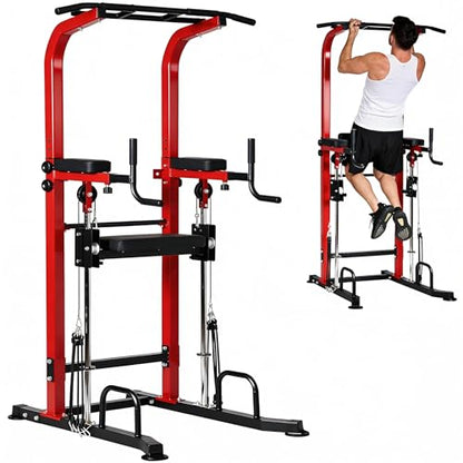 Dland Power Tower Dip Station Pull Up Bar Exercise Tower, Multifunctional Adjustable Height Training Equipment for Home Gym, Free Standing Assisted Fitness Workout Pullup Rack Station Machine - color: Red