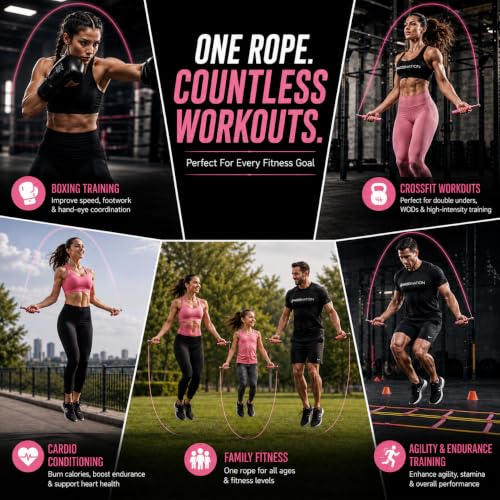 WOD Nation Adjustable Speed Jump Rope For Men, Women & Children - Blazing Fast Fitness Skipping Rope Perfect for Boxing, MMA, Endurance - color: Pink