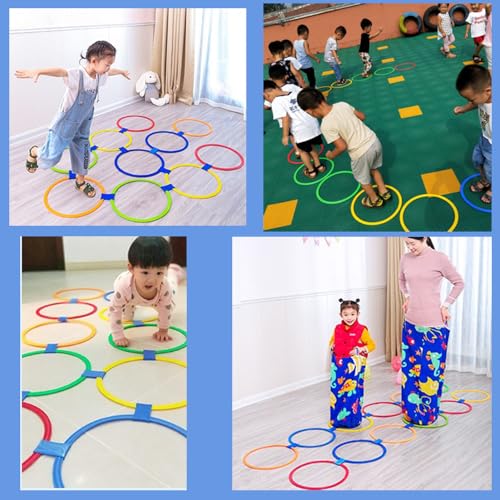 11in Hopscotch Rings-Hopscotch Game Hoops Circles with 15 Connectors for Kids Balance Agility Training Obstacle Course, Boys Girls Birthday Fun Play Indoor Outdoor Backyard Playground Activity