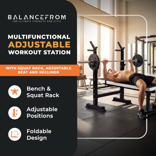 BalanceFrom Adjustable Folding Multifunctional Workout Station Adjustable Olympic Workout Bench with Squat Rack - color: Black/White