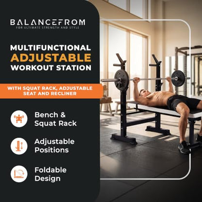 BalanceFrom Adjustable Folding Multifunctional Workout Station Adjustable Olympic Workout Bench with Squat Rack - color: Black/White