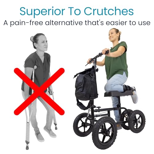 Vive Mobility All Terrain Knee Scooter Walker for Foot Injuries - Adult Broken Leg Crutch Cart Roller for Surgery, Broken Foot, Ankle Injury - Kneeling Rolling Steerable Seated Wheel Scooter Aid - color: Black