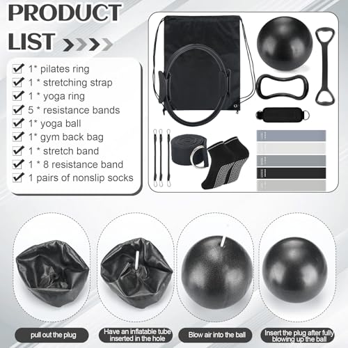 Pilates Ring Circle Set 18 Pcs Exercise Equipment Accessories for Women Workouts Pilates Ball Stretching Strap Magic Circle Yoga Ring Gym Back Bag Resistance Band Anti Slip Socks - color: Black