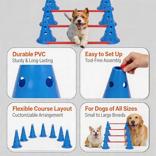 Dog Agility Course Backyard Set, Dog Agility Hurdle Cone Set with 4-Height Adjustable & Storage Bag, Training Hurdle for Dogs Obstacle Course - 12 Cones & 6 Agile Rods Combo
