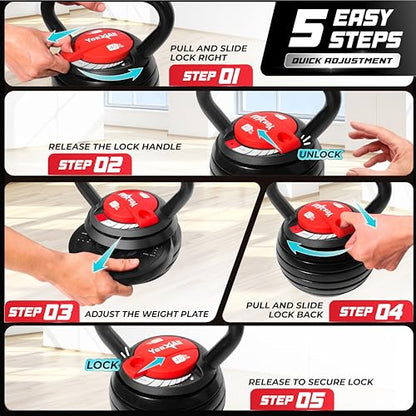 Yes4All Adjustable Kettlebell Set, 20–40 LB Weight Set, Solid Cast Iron Handle with Spacer Disks & Secure Lock, Space-Saving Kettlebell for Home Gym Strength Training, Black