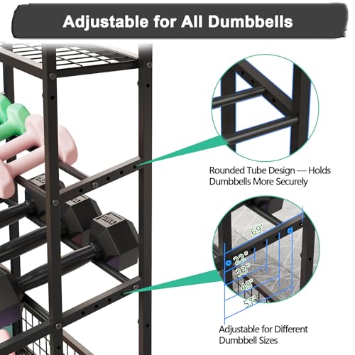 3-Tier Dumbbell Rack Stand Only - Adjustable Weight Rack for Home Gym, Heavy-Duty Weight Stand With Hooks for Dumbbells Kettlebells Foam Roller Yoga Mats Workout Equipment Storage Organizer