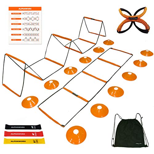 All-in-One Agility Ladder Agility Training Equipment Foldable Instant Set-up Tangle-Free Design 8+4 Rung Speed Ladder Workout Ladder with 12 Soccer Cones & 3 Resistance Band & 1 Storage Bag