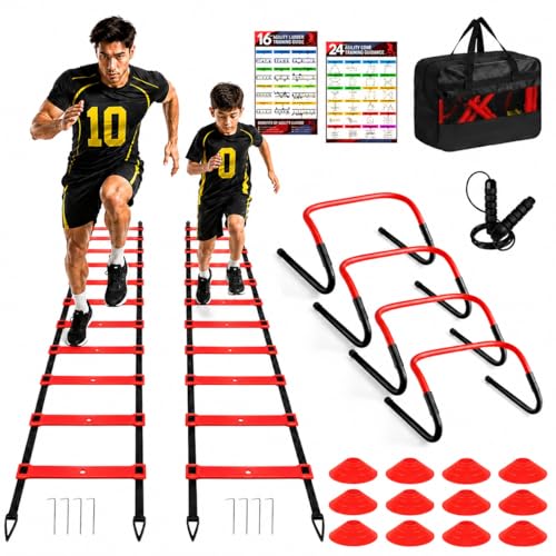 2 Pack Agility Ladder, Soccer Speed Training Equipment Set with Total 26 ft Agility Ladder, 12 Cones, 4 Adjustable Hurdles, Jump Rope, for Soccer, Basketball, Football, Kids, Youth, Adults - color: 4.Red