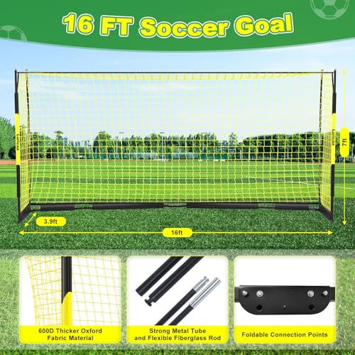 Soccer Goal, 12×6 ft /16×7 ft Portable Soccer Goals Net for Backyard, Quick Setup Training Equipment with 1 Carry Bag, 4 Ground Nails, 12 Training Cones
