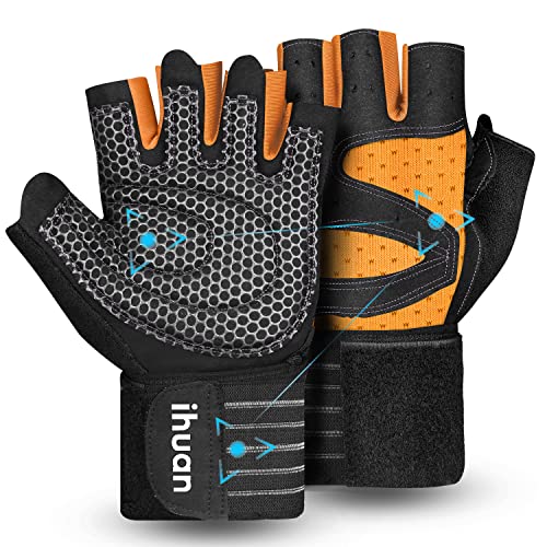 ihuan Ventilated Weight Lifting Gym Workout Gloves with Wrist Wrap Support for Men & Women, Full Palm Protection, for Weightlifting, Training, Fitness, Hanging, Pull ups - color: Orange, size: Small