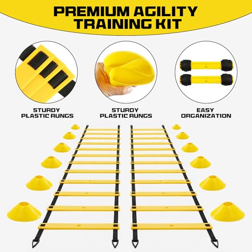 2 Pack 20ft Agility Ladder Set, 40ft Total Adjustable Speed Ladder with 12 Cones, 8 Stakes, 1 Carry Bag - Parallel Footwork Drills Gear for Football Soccer Basketball Training Equipment