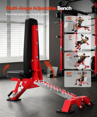 YOLEO Commercial Adjustable Weight Bench 2315LB ASTM Certified – 80% Pre-Assembled Heavy Duty Workout Bench for Home Gym, Decline/Flat/Incline Bench Press, 2.4" Thick Pad & 2 Wheels - color: Red