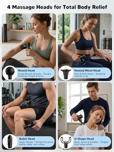 Mini Massage Gun with Heat - Powerful Deep Tissue Massager, Portable Pocket-Sized Percussion Massager Gun for Muscle Relaxation, 4 Massage Heads, Gift for Men Women, Black