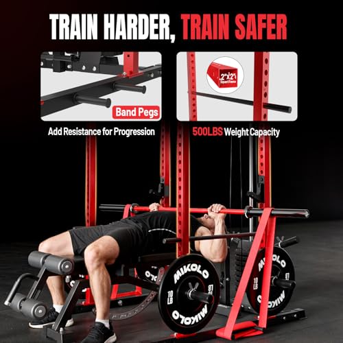 Mikolo F4 2.0 Power Cage with Dual-Track Smooth Pulley System, 1200LBS Power Rack with Leg Hold-Down for Heavy LAT Pulldowns - color: Red, size: F4 2.0 Elite (with Bench＆Bar）