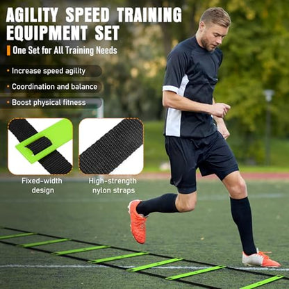 Agility Ladder, Agility Speed Training Equipment Set, 20ft Speed Ladder, 12 Soccer Cones, 4 Hurdles, Jump Rope, Running Parachute, Soccer Football Basketball Training Equipment Accessories - color: Green