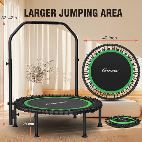 Bungee Rebounder Trampoline, ANCHEER 40" Foldable Fitness Trampoline with Resistance Ropes&Upgraded Bungees, 4 Level Adjustable Handlebar, 450LBS Capacity, Safe for Home/Cardio,Indoor/Outdoor