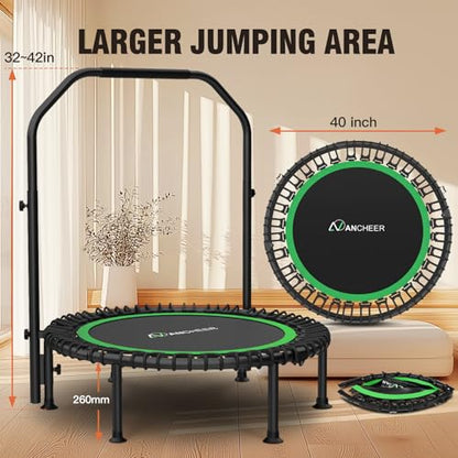 Bungee Rebounder Trampoline, ANCHEER 40" Foldable Fitness Trampoline with Resistance Ropes&Upgraded Bungees, 4 Level Adjustable Handlebar, 450LBS Capacity, Safe for Home/Cardio,Indoor/Outdoor