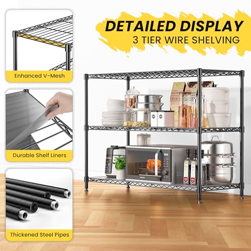 795LBS 3-Shelf Adjustable Storage Shelves 35.1" W x 14" D x 36" H Metal Shelving Unit Heavy Duty Wire Rack Small Organizer with Shelf Liners for Kitchen Pantry Bathroom Closet Garage Black - size: 35.1" W x 14" D x 36" H-3 Tier