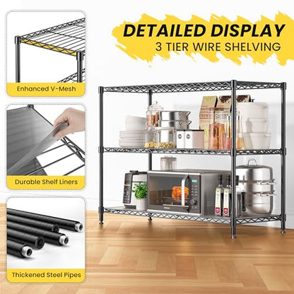795LBS 3-Shelf Adjustable Storage Shelves 35.1" W x 14" D x 36" H Metal Shelving Unit Heavy Duty Wire Rack Small Organizer with Shelf Liners for Kitchen Pantry Bathroom Closet Garage Black - size: 35.1" W x 14" D x 36" H-3 Tier