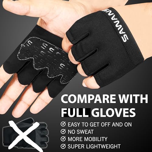 SAWANS Nonslip Workout Gloves for Men & Women, Weightlifting, Gym, Exercise, Fitness, Black, Minimalist, Finger Protectors, Half Finger Glove, Ambidextrous, Adjustable - size: X-Small