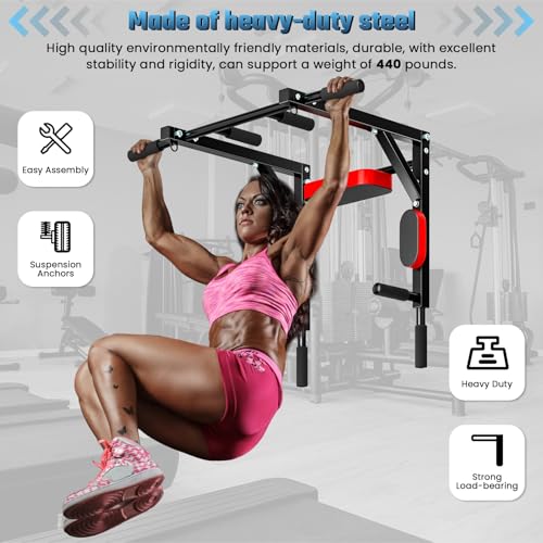 Wall Mounted Pull Up Bar Dip Station, Heavy Duty Chin Up bar Multifunctional Dip Station for Indoor Home Gym Workout, Wall Punching Power Tower Set Fitness Equipment, Supports to 440Lbs