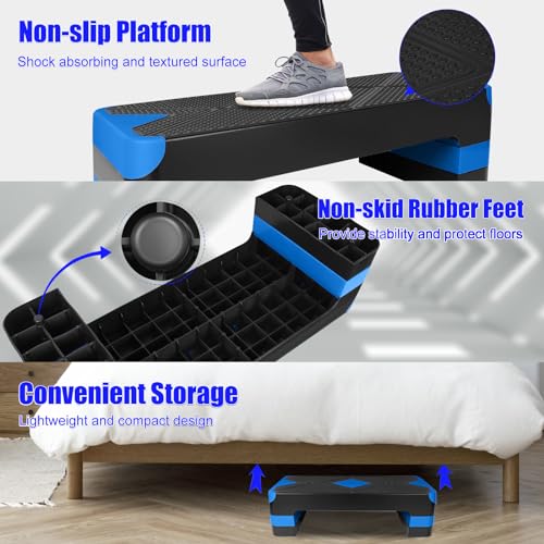 27" Exercise Workout Aerobic Step Platform with Adjustable 4"-6"-8" Risers - color: Blue