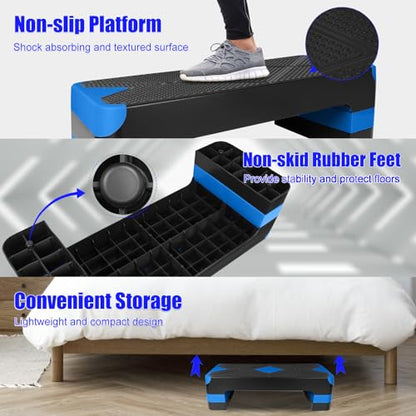 27" Exercise Workout Aerobic Step Platform with Adjustable 4"-6"-8" Risers - color: Blue