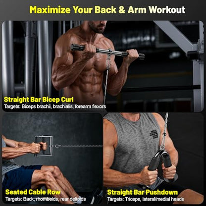 Cable Attachments for Gym, LAT Pulldown & Cable Machine Attachment Set: V-Shaped Bar, Rotating Straight Bar, V Rotation Handle, Nylon Tricep Rope, Ankle Straps & Handles, Home Gym