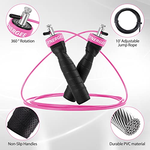 Synergee Hot Pink Jump Rope - (2) Adjustable 10 Ft Cable - Steel Ball Bearings - For CrossFit, MMA, Boxing & Fitness, Anti-Slip Handles