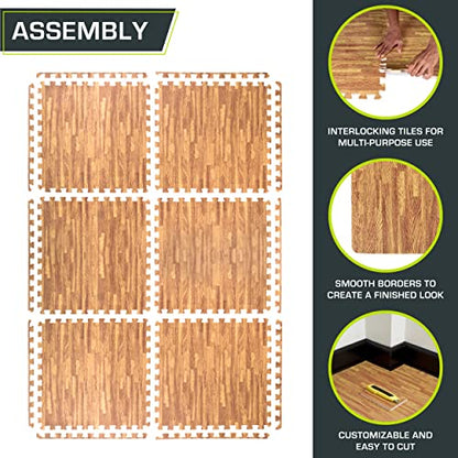 ProsourceFit Wood Grain Puzzle Mat ½-inch, 6 EVA Foam Interlocking Floor Tiles (24 SQ FT) for Secure Indoor Gym Flooring, Office Spaces, Living Rooms, and Play Areas, Light Oak