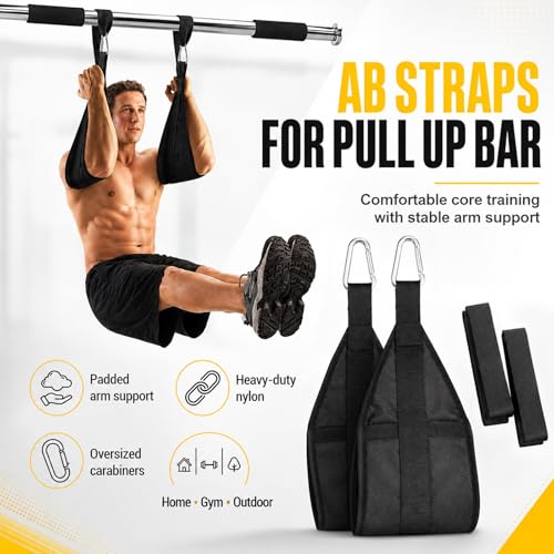 Ab Straps for Pull Up Bar, Padded Arm Slings for Core Training | Heavy-Duty Construction, Oversized Carabiners, Padded Arm Support, Leg Raises Knee Raises, Home Gym Training