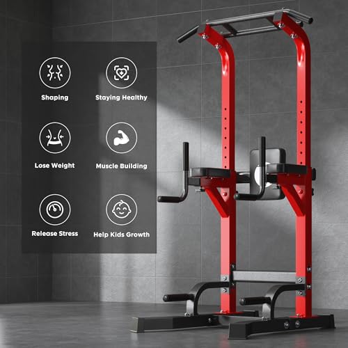 DlandHome Power Tower Pull Up Bar Station, Heavy Duty Pull Up Dip Station Adjustable Height for Home Gym Strength Training Equipment, 330LBS Weight Capacity