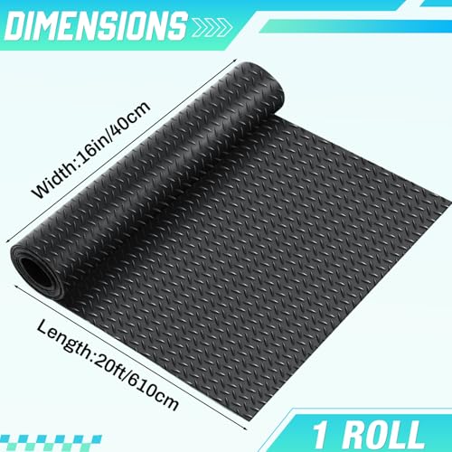 16 in x 20 ft Rubber Diamond Plate Rolls Garage Floor Mat for Under Car, Heavy Duty Flooring Rug for Trailers Garage, PVC Water/Stain Outside Stall Resistant Parking Rv Tool(Black)