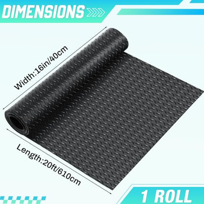 16 in x 20 ft Rubber Diamond Plate Rolls Garage Floor Mat for Under Car, Heavy Duty Flooring Rug for Trailers Garage, PVC Water/Stain Outside Stall Resistant Parking Rv Tool(Black)