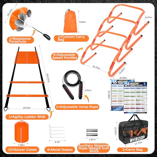 Agility Ladder Speed Training Equipment Set-20ft Agility Ladder,12 Soccer Cones,4 Hurdles,Jump Rope,Running Resistance,Soccer Football Training Equipment with Carrying Bag for Kids Adults - color: Orange