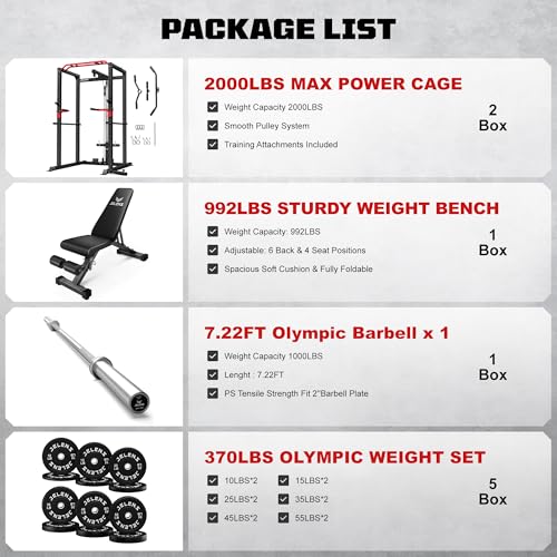 S11 Power Cage, 2000LB Multi-Function Power Rack with LAT Pulldown, Squat Rack with Adjustable Pulley System and Training Attachments, Weight Rack for Home Gym - style: 370LB Black Weights Package