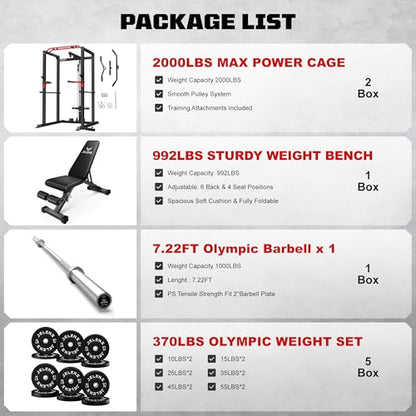 S11 Power Cage, 2000LB Multi-Function Power Rack with LAT Pulldown, Squat Rack with Adjustable Pulley System and Training Attachments, Weight Rack for Home Gym - style: 370LB Black Weights Package
