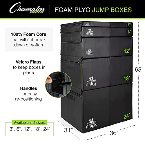 Champion Sports Foam Plyometric Box Set with 6", 12", and 18" Included - Durable Jump Boxes for Training with Handles, Hook and Loop Flaps - Stackable Cross Traning Plyo Box, Jumps for Gym