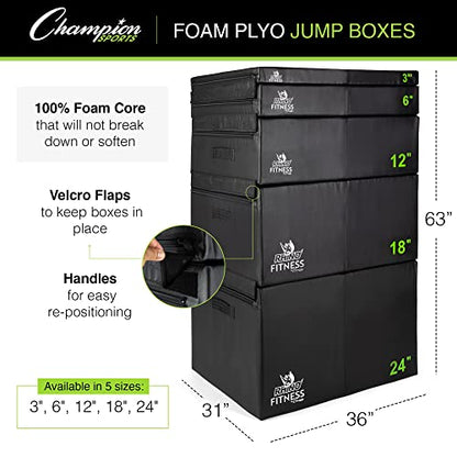 Champion Sports Foam Plyometric Box Set with 6", 12", and 18" Included - Durable Jump Boxes for Training with Handles, Hook and Loop Flaps - Stackable Cross Traning Plyo Box, Jumps for Gym