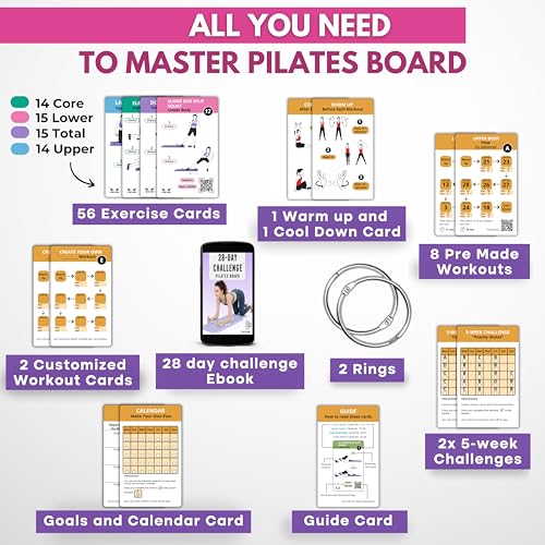 Pilates Board Workout Cards – 67 Exercise Cards with Videos & Workout Plan - Includes 5-Week Challenge, Ebook, Progress Chart & 2 Rings for Easy Organization - Home Portable Reformer Guide for Women