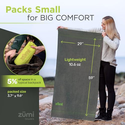 Zumi 100% Cotton Quick Dry Large Travel Towel - Soft, Thin, Compact, Highly Absorbent, Lightweight Camping Towel for Beach, Gym, Bath, Shower, Swimming, Pool, Dorm, RV - Gray - color: Grey Large