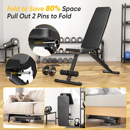 Adjustable Weight Bench for Home Gym, 600LBS Capacity Foldable Workout Bench with 7 Backrest Positions for Full Body Exercise, Compact for Small Spaces, Incline Decline Flat Bench with Quick Adjustment & Easy Folding