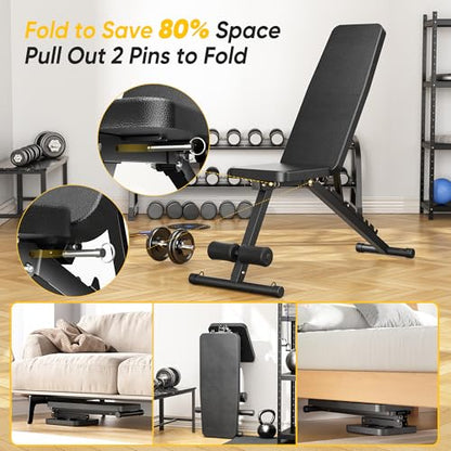 Adjustable Weight Bench for Home Gym, 600LBS Capacity Foldable Workout Bench with 7 Backrest Positions for Full Body Exercise, Compact for Small Spaces, Incline Decline Flat Bench with Quick Adjustment & Easy Folding