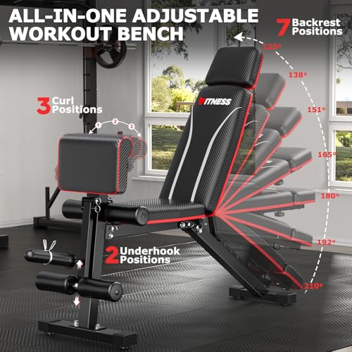 Fostoy Foldable Workout Bench Press, Adjustable Weight Bench for Home Gym, 800LB Multi Functional Gym Bench w/Leg Extension &Preacher Pad, Extra Headrest, Fast Folding Strength Training Incline Sit up Bench
