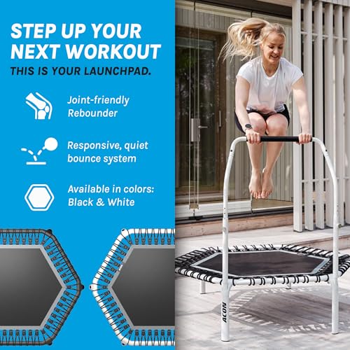 ACON FIT 55" Hexagon Mini Trampoline with Handle - Active Handlebar Excercise Trampoline for Adults, Indoor Cardio & HIIT Fitness Rebounder, 48 Bungee Cords, Adjustable Bar, 300 lb Capacity
