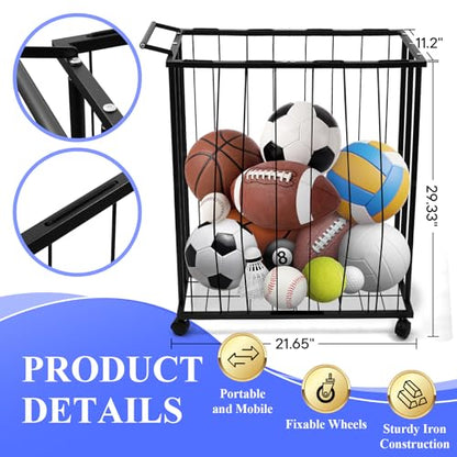 Large Garage Ball Storage Rack with Wheels–Rolling Sports Equipment Organizer Freestanding Ball Holder for Basketball Soccer Volleyball Football–Sports Ball Storage for Garage Gym School Home