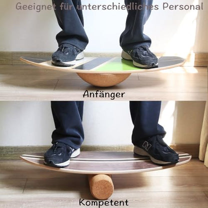Maple Wood Balance Board with Roller and Half Ball Accessories - Dual-Mode Balance Trainer for Adults, Home Gym & Office Use, Surfboard Shape Design(31.5 x 11.8in) - color: Black coffee