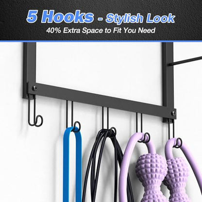 Yoga Mat Holder Wall Mount for Home Gym, 3-Tier Iron Yoga Mat Storage Rack & Organizer with Metal Shelf and 5 Hooks for Strap, Resistance Bands - Space Saving Wall Mounted Workout Equipment