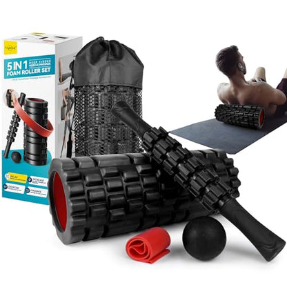 Krightlink 5-in-1 Foam Roller Set - Deep Tissue Muscle Recovery Kit with High Density Exercise Roller, Massage Ball, Resistance Band & Carry Bag for Physical Therapy & Pain Relief (Black) - color: Pure Black